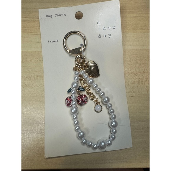 A New Day Bag Charm Cherry Heart Pearl Gold Tone Keychain Accessory - Picture 1 of 1